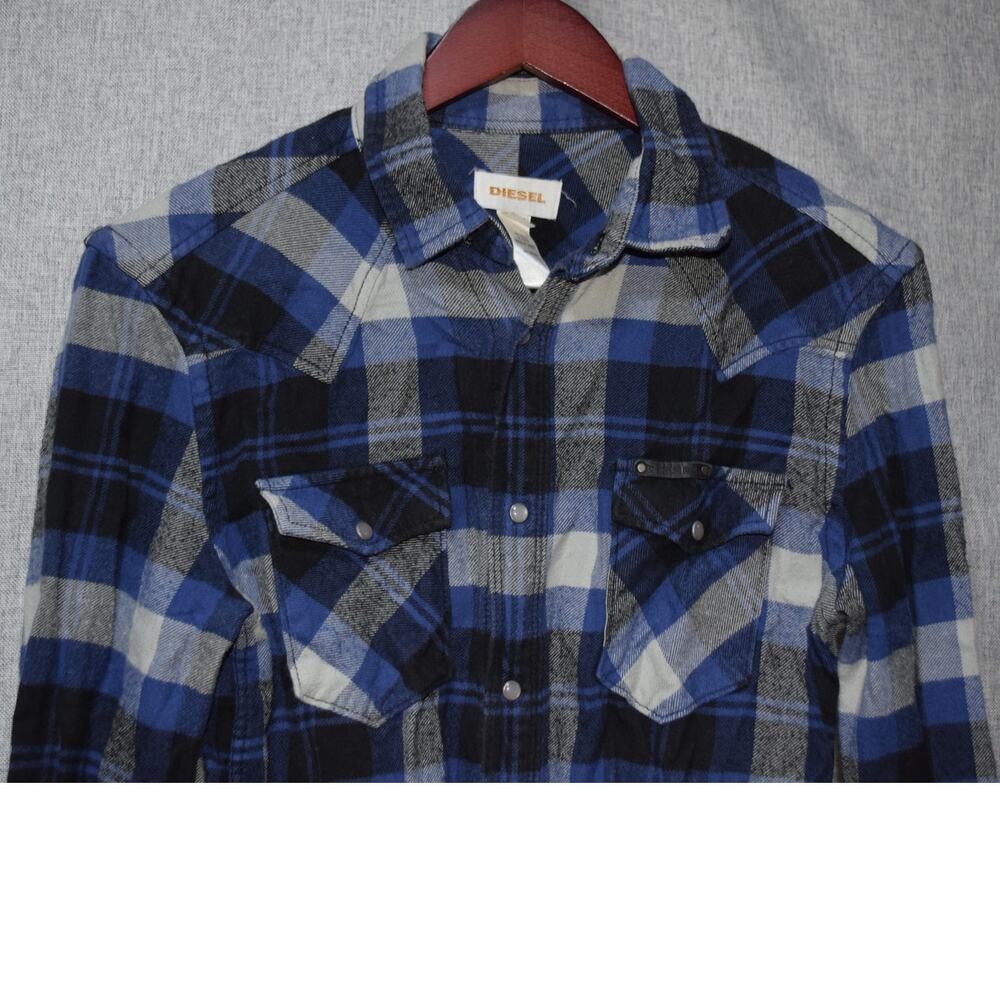 Diesel Mens Medium Western Flannel Shirt Blue Black Plaid Snap Front - Picture 2 of 4
